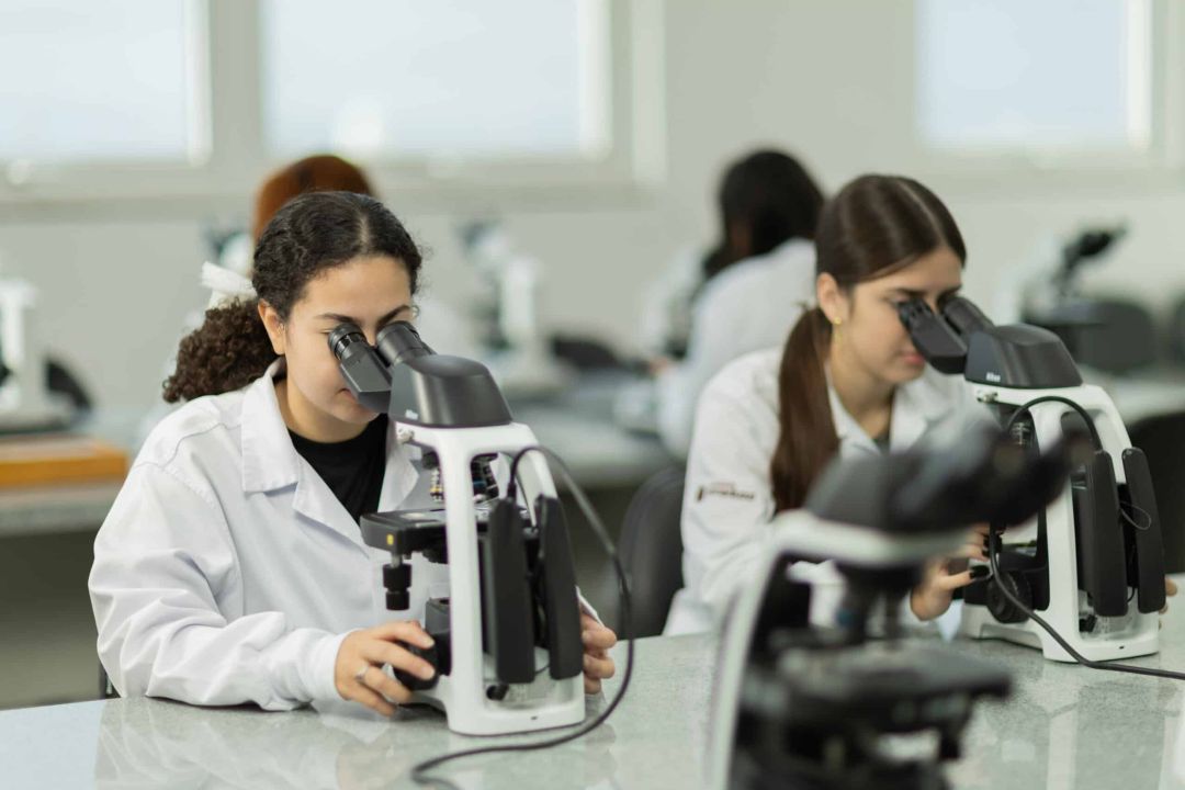 Estudantes em laboratório de farmácia com equipamentos modernos em Toledo