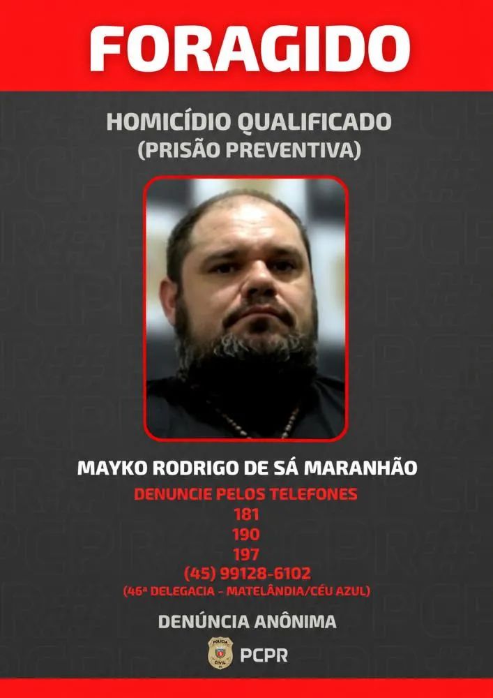 Fotografia de Mayko Rodrigo de Sá Maranhão divulgada pela Polícia Civil do Paraná no contexto de investigações criminais na região Oeste
