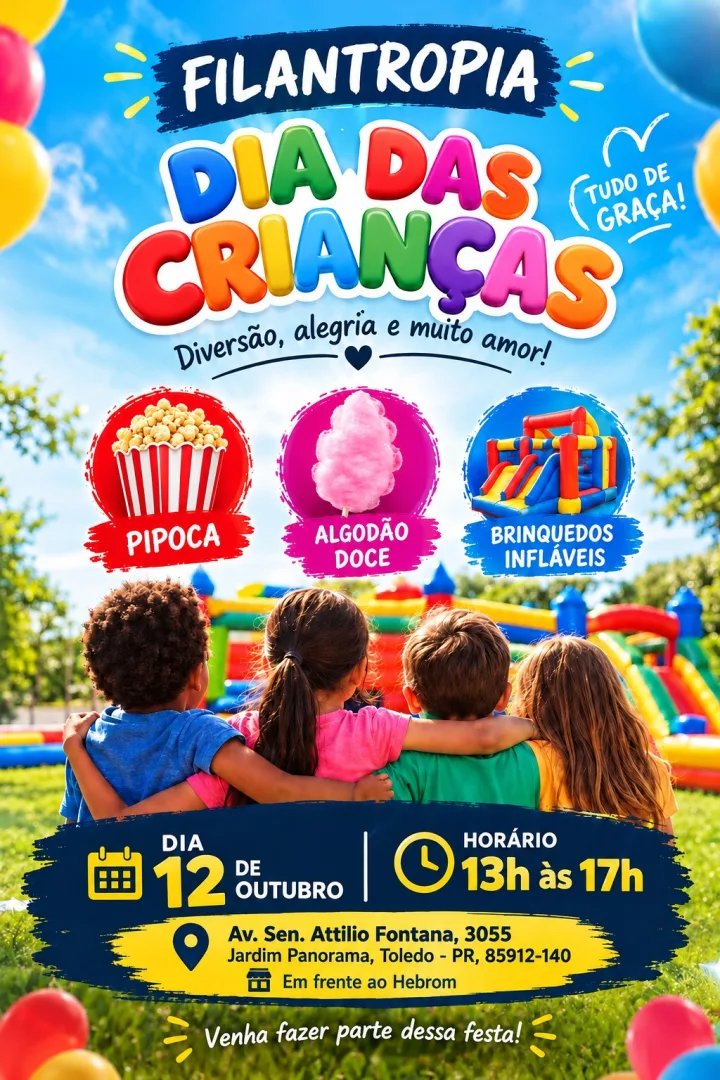 Crianças se divertindo em brinquedos infláveis durante evento comunitário em Toledo